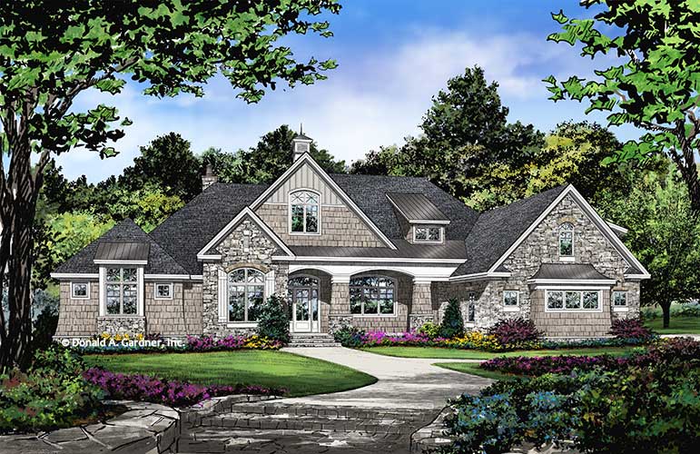 Front rendering of The Mitchell house plan 1413-D. 