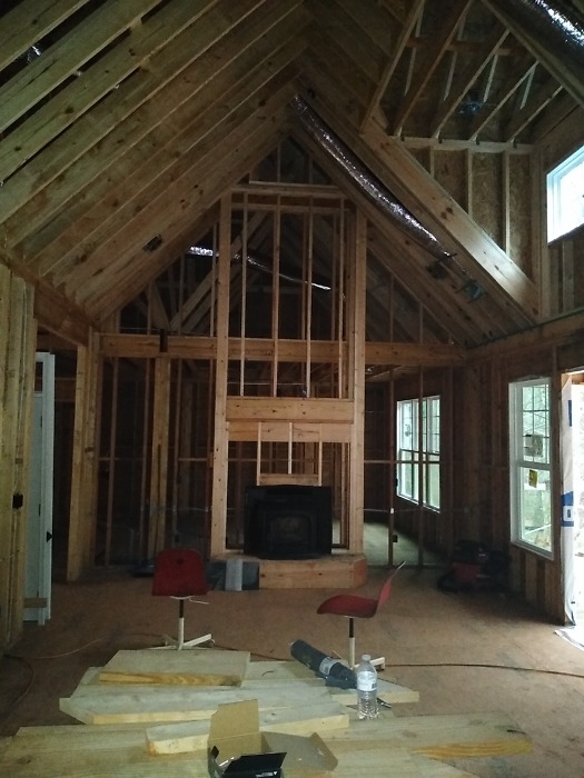Interior framing and fireplace. 